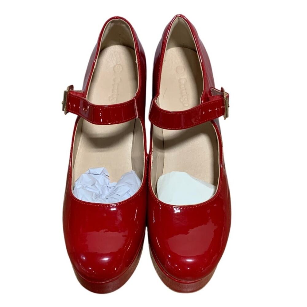 Coutgo Womens Size 9 Red 4" Heels Mary Jane Round Closed Toe Buckle Strap Shoes - Picture 6 of 9